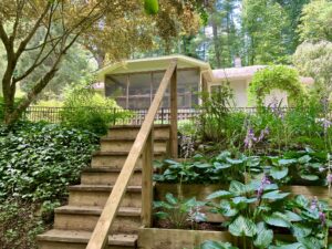 Front porch with spring and summer foliage