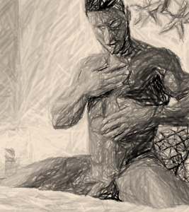 Man kneeling on bed giving himself a full body massaage